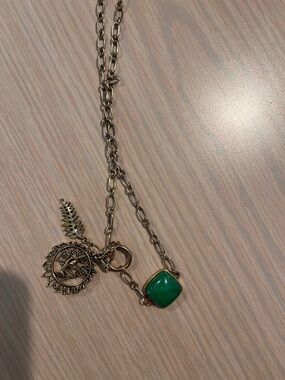 Gold Chain Necklace with Green Stone Pendant and Charm Accents